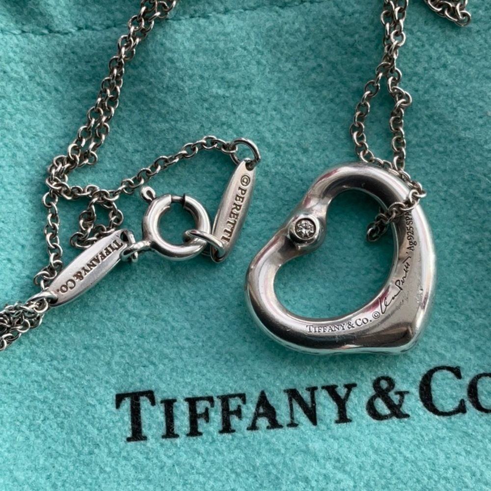 Tiffany & Co. Open heart necklace with 2 diamonds from front and back